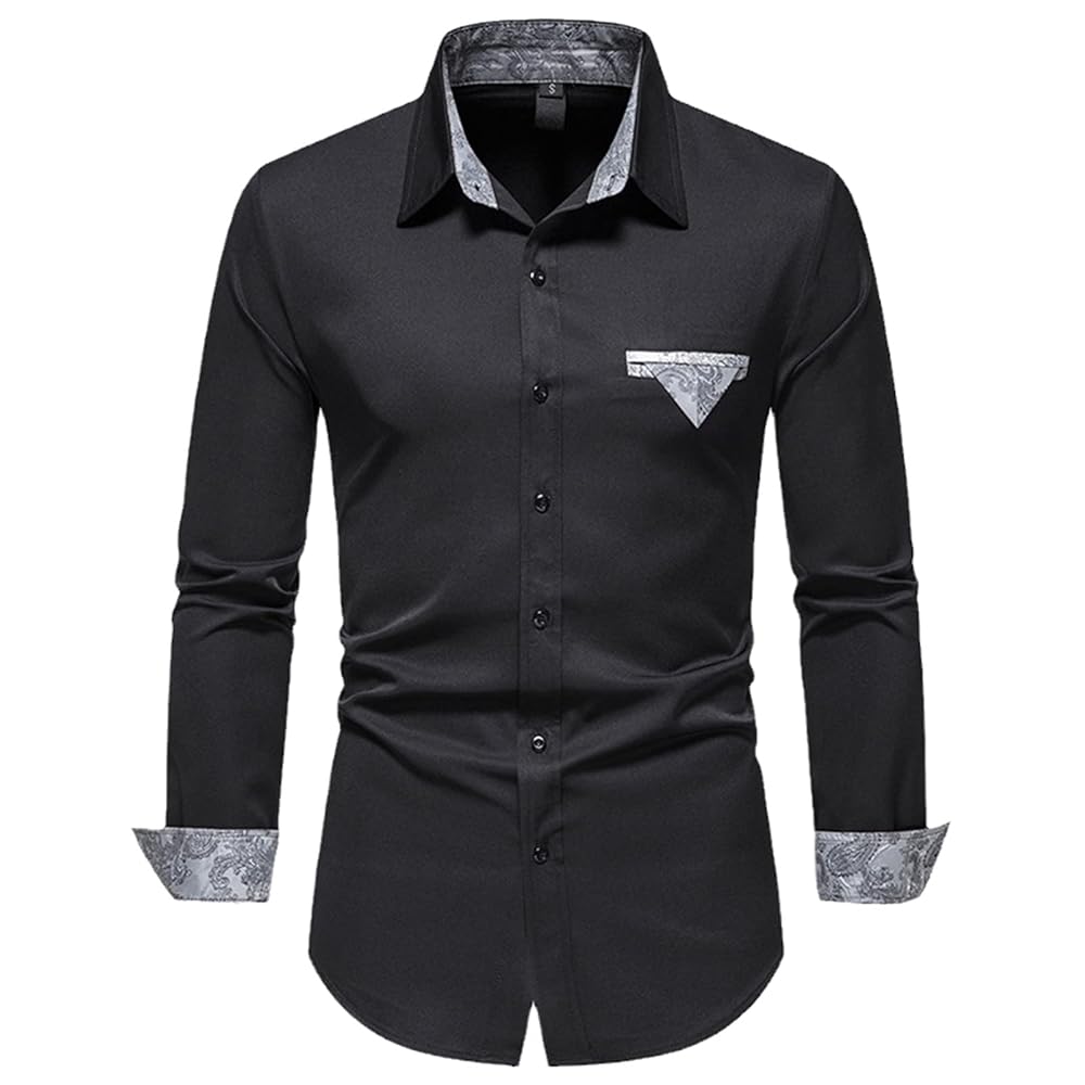 Men’s SideTuck Shirt Stylish Patchwork Mens Dress Shirts Spring Long Sleeve